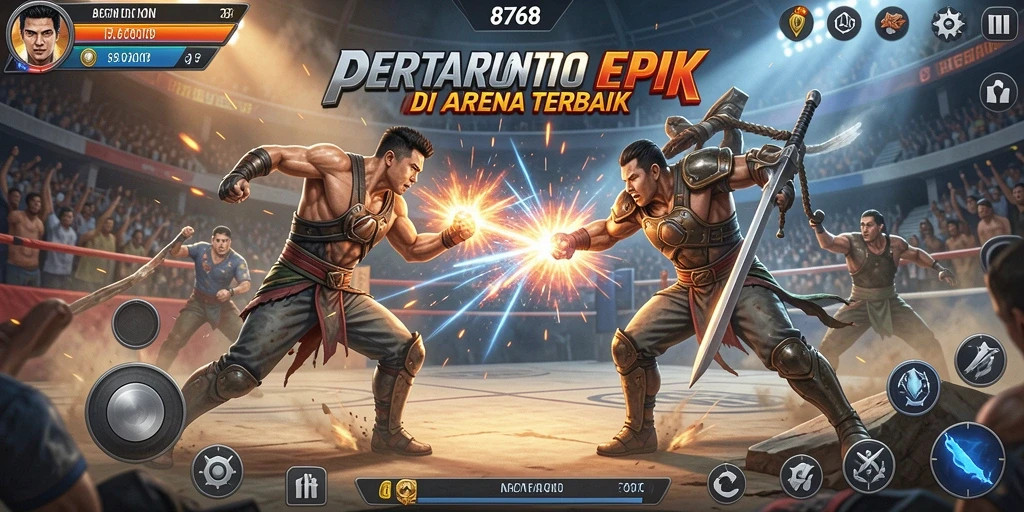 Tampilan gameplay 8768 dengan karakter bertarung di arena.