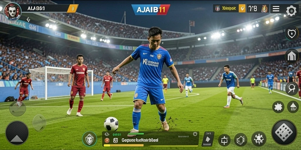 Screenshot AJAIB11 menampilkan intensitas pertandingan sepak bola yang seru.
