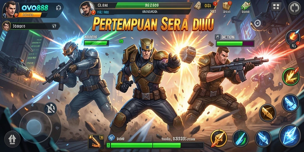 Screenshot utama OVO88 menampilkan pertarungan seru antara karakter.