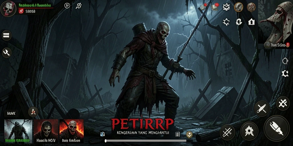 Tangkapan layar gameplay menyeramkan PETIRRP dengan suasana gelap dan mencekam.