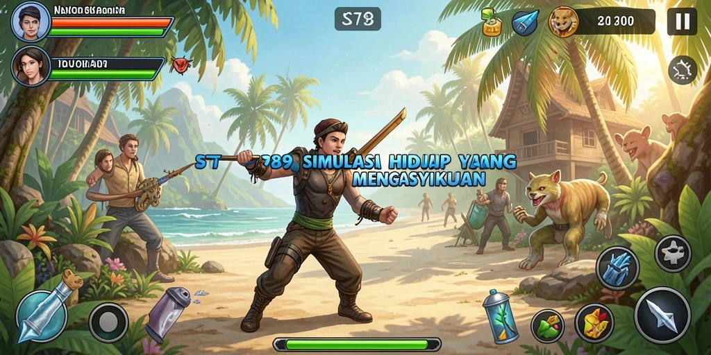 Screenshot menunjukkan karakter yang berinteraksi dalam gameplay Simulation.