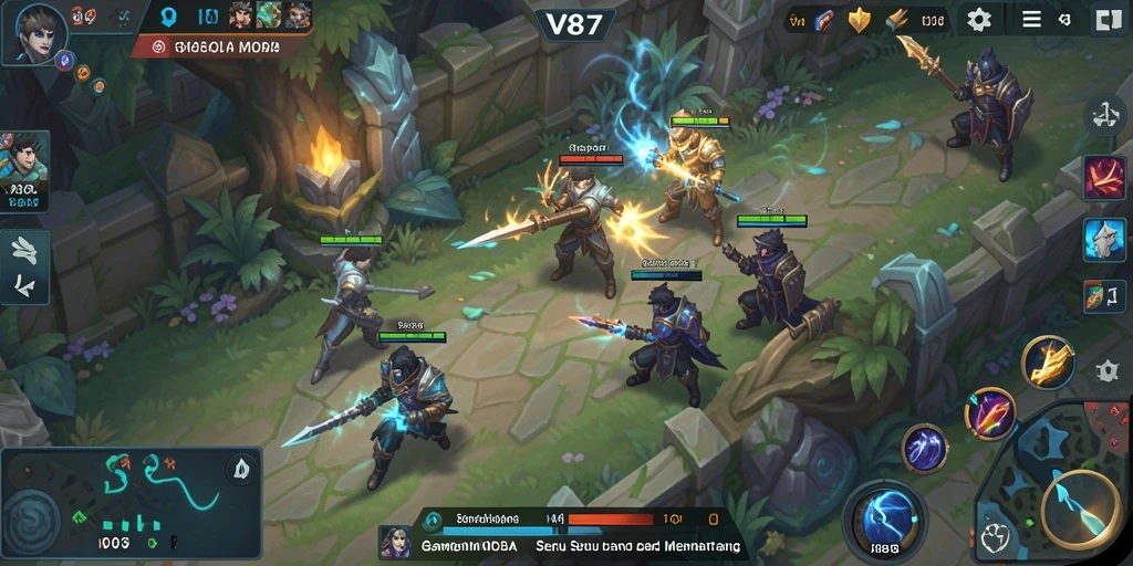 Tampilan dinamis dari gameplay V87 dalam pertempuran MOBA.