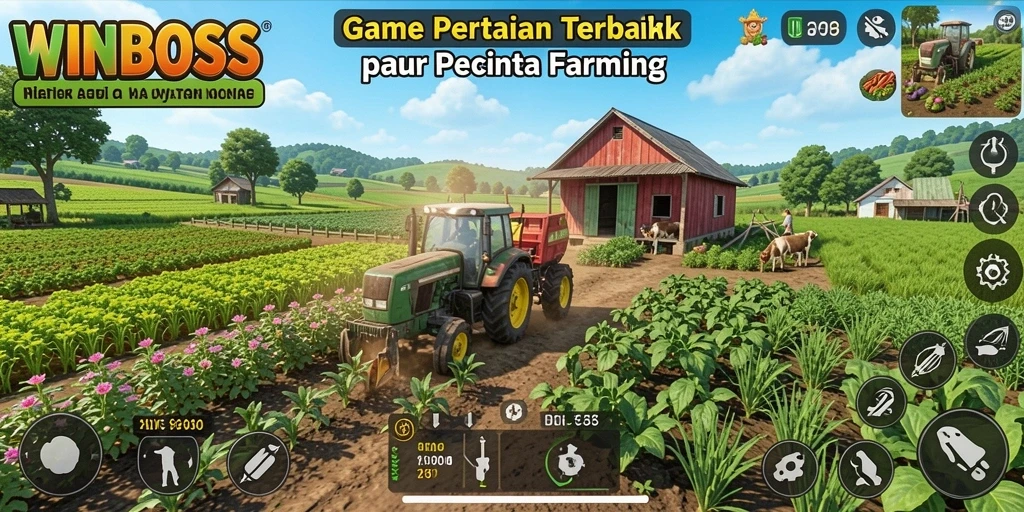 Screenshot WINBOSS menampilkan suasana ladang yang hidup dan gameplay menarik.